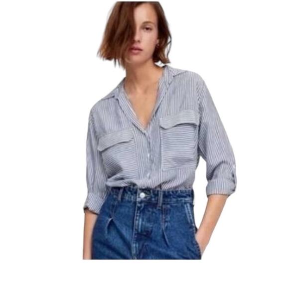 Zara Woman Button Down Blue Striped Lightweight Blouse Size XS - Picture 7 of 7